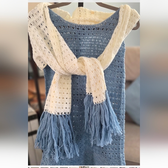 Handmade Blue Crochet Dress & Ivory Scarf Set Fringe Boho Beach Outfit - Picture 9 of 12